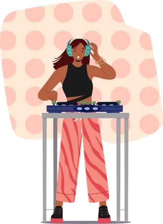 Girl playing dj using sound mixer at DJ nightclub party  Illustration