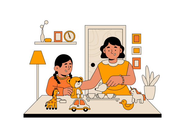 Girl playing dolls with elder sister  Illustration