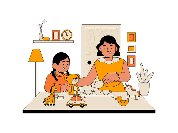 Girl playing dolls with elder sister  Illustration