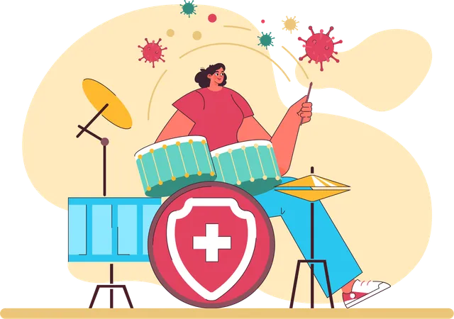 Girl playing drum during corona time  Illustration