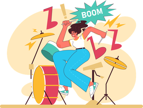 Girl playing drum with full energy  Illustration