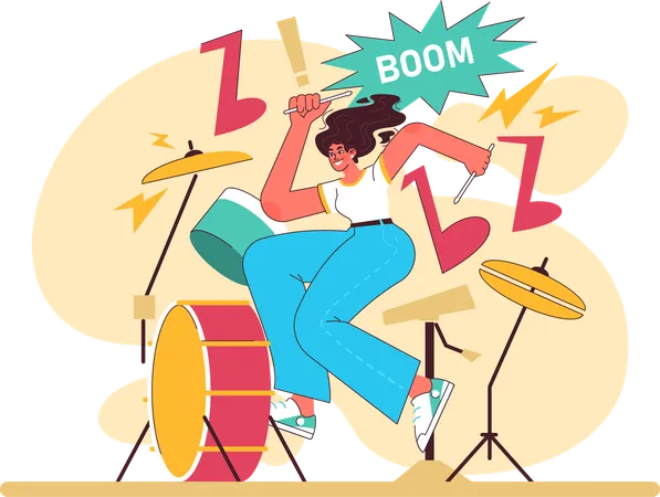 Girl playing drum with full energy  Illustration