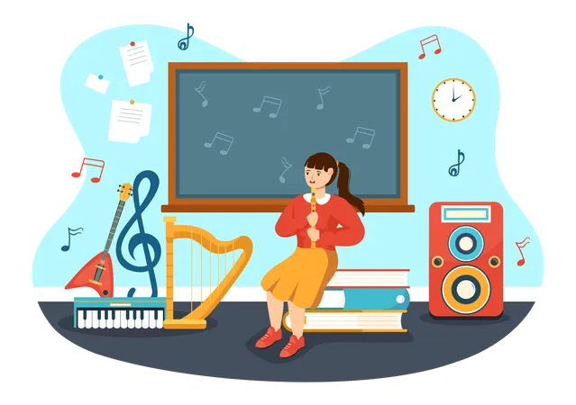 Girl playing flute at music school  Illustration