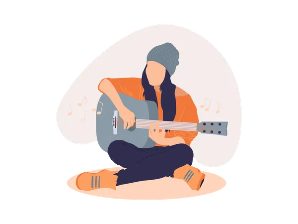 Girl playing guitar  イラスト