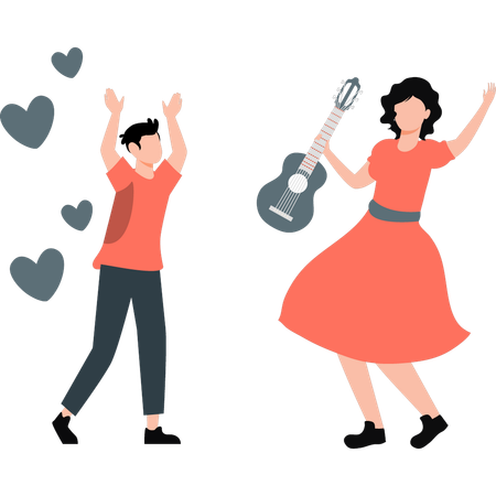 Girl playing guitar and boy claps  Illustration