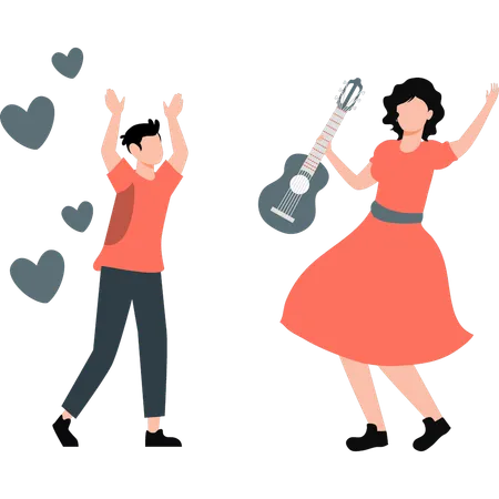 Girl playing guitar and boy claps  Illustration