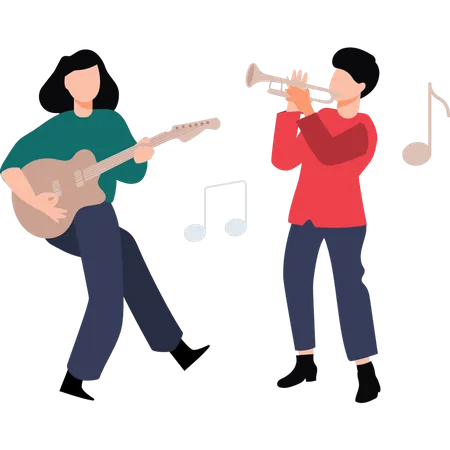 Girl playing guitar and boy playing trumpet  Illustration