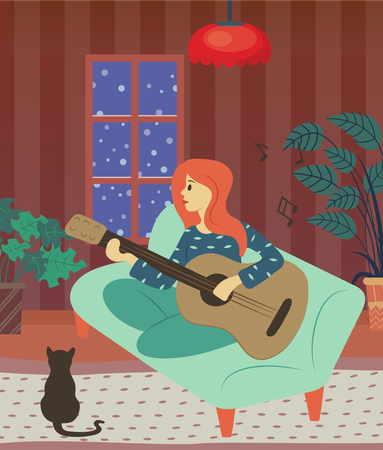Girl playing guitar at home  Illustration