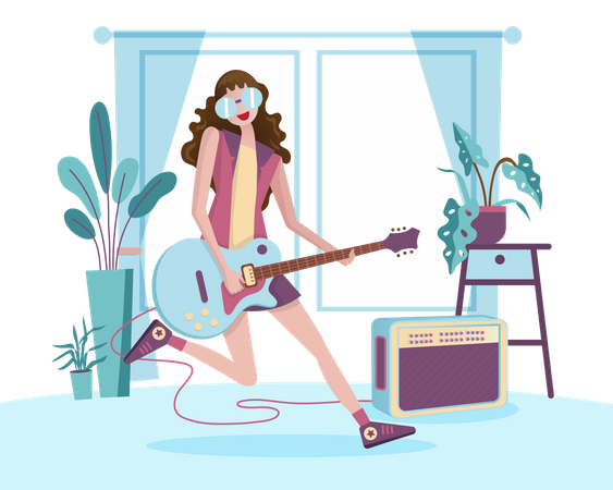 Girl playing Guitar at home Illustration