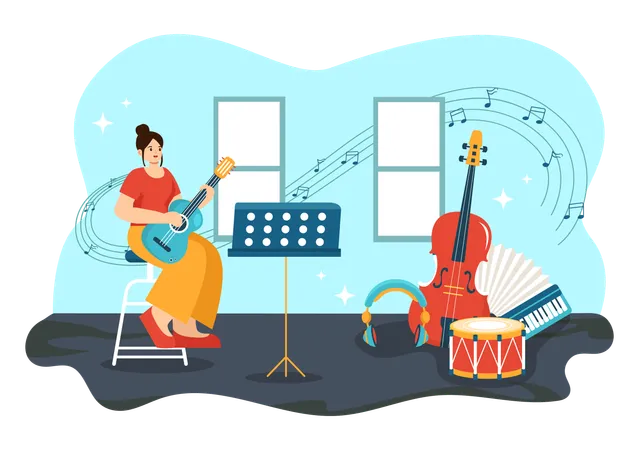 Music School Vector Illustration With Playing Various Musical Instruments Learning Education Musicians And Singers In Flat Kids Cartoon Background Illustration