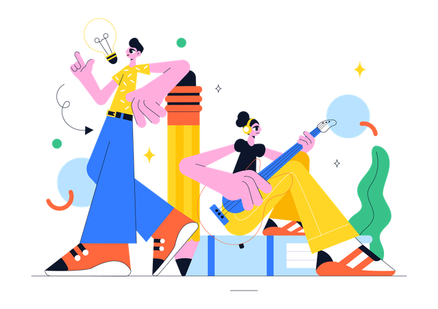 Girl playing guitar while man getting idea  Illustration