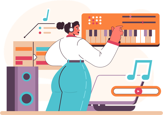 Girl playing keyboard using headset  Illustration