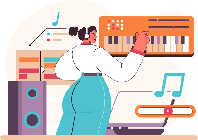 Girl playing keyboard using headset  Illustration