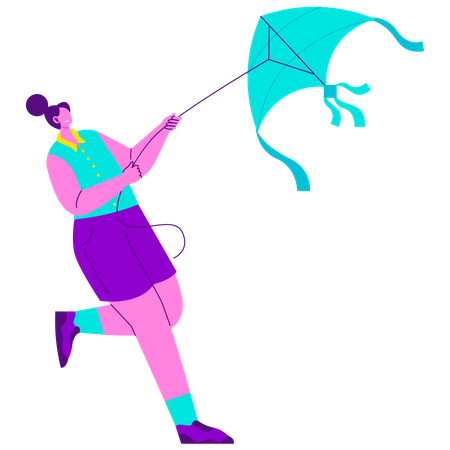 Girl Playing kite  Illustration