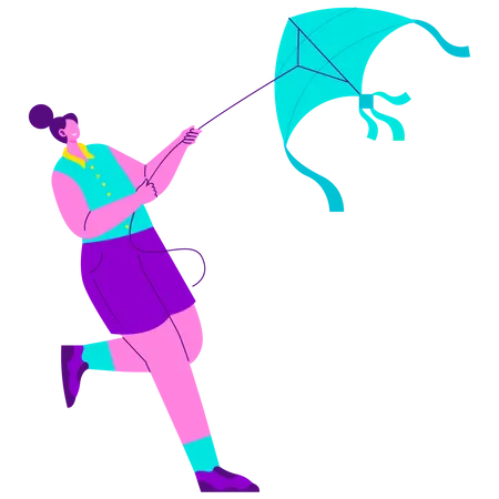 Girl Playing kite  Illustration