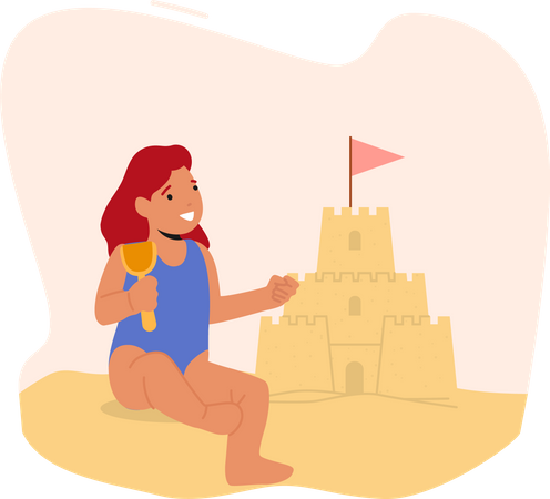 Girl Playing on Beach Building Sand Castle  イラスト