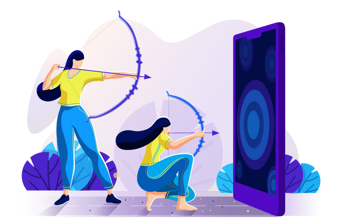 Girl playing online archery game Illustration
