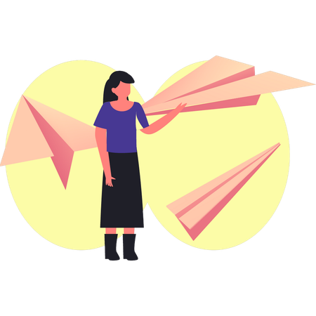 Girl playing origami airplane  Illustration