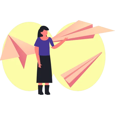 Girl playing origami airplane  Illustration