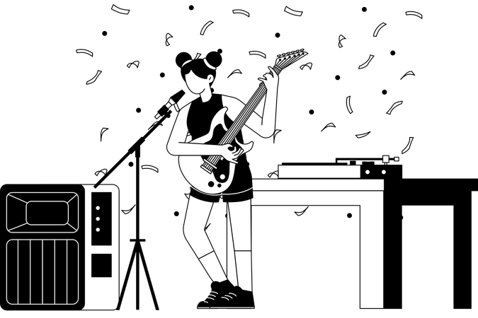 Girl playing playing solo guitar  イラスト