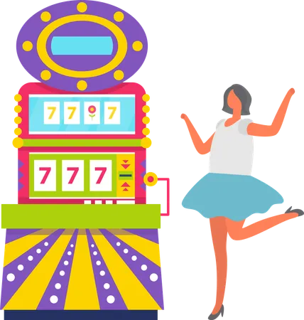 Young Girl With Short Dark Hair Wearing White Top And Blue Skirt Playing Slot Machine Excited Woman Winning Money In Casino Game Of Chance Gambling Vector Illustration In Flat Cartoon Style Illustration