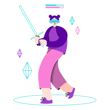 Girl playing sword game using VR Tech  Illustration