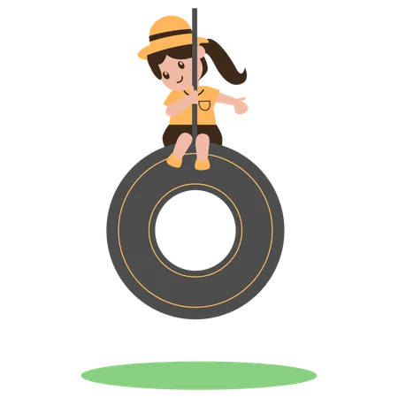 Girl playing tires swing  Illustration