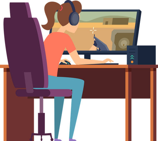 Girl playing video game on monitor Illustration