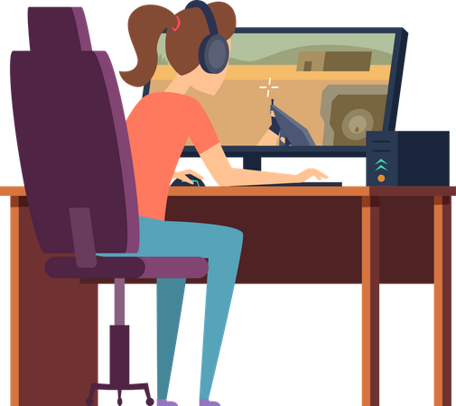 Girl playing video game on monitor  Illustration