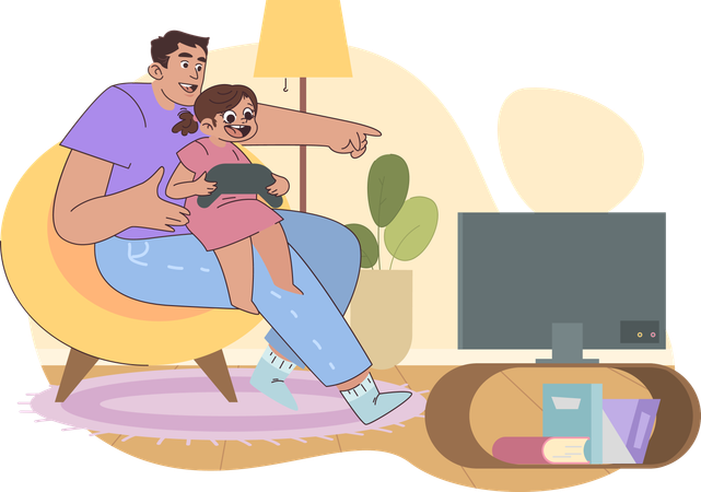 Girl playing video game with father  Illustration