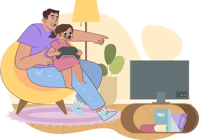 Girl playing video game with father  Illustration