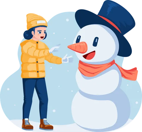 Happy Girl Playing With A Snowman On Christmas Winter On Blue Background Vector Illustration Illustration