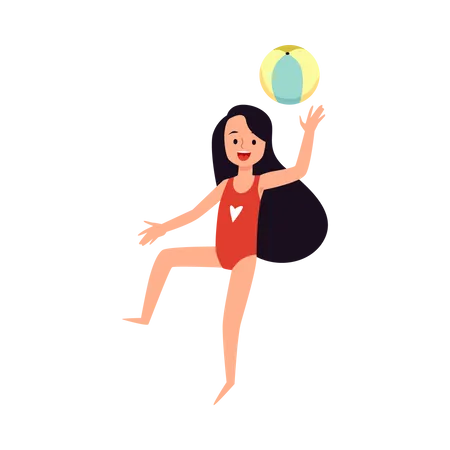 Happy Fun Kid Girl Play With Ball At Sea Beach In Summer Hot Season Holiday Vacation Or Weekend Outdoor Activities For Children Illustration