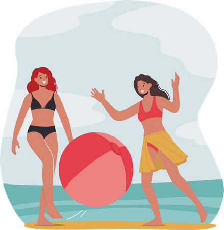 Girl playing with ball at beach  Illustration