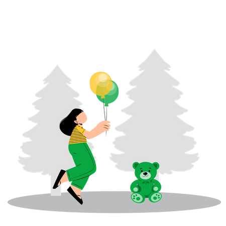 Girl playing with balloon and teddy bear  Illustration
