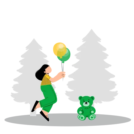 Girl playing with balloon and teddy bear Illustration
