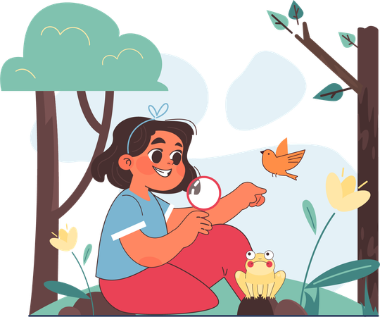 Girl playing with bird  Illustration