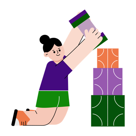 Girl playing with building blocks  Illustration