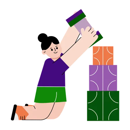Girl playing with building blocks  Illustration