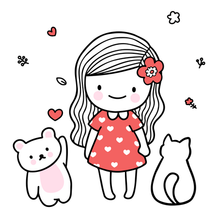 Girl Playing With Cat Illustration