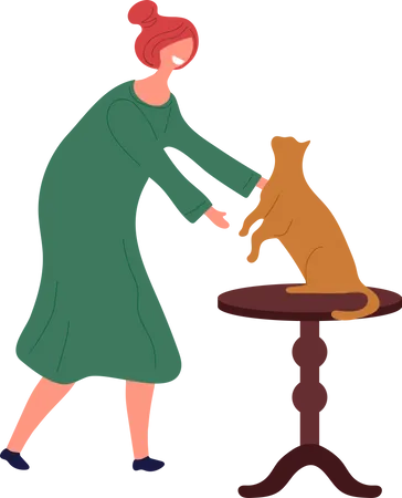 Girl Playing With Cat  Illustration