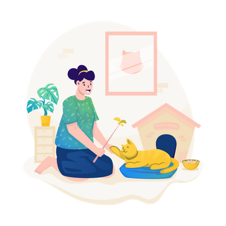 Girl Playing with cat  Illustration