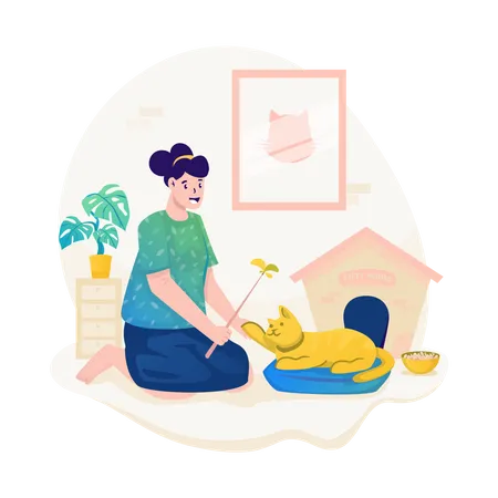 Girl Playing with cat  Illustration