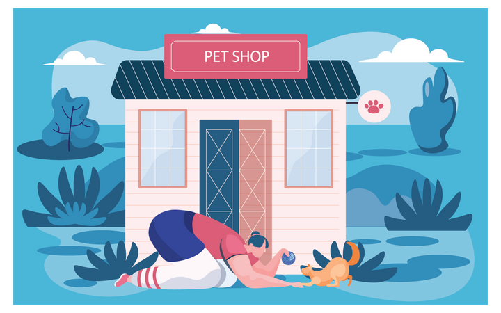 Girl playing with cat at pet shop  Illustration