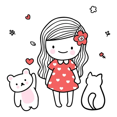 Girl Playing With Cat  Illustration