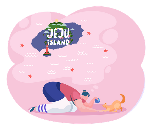 Girl playing with cat on jeju island  Illustration