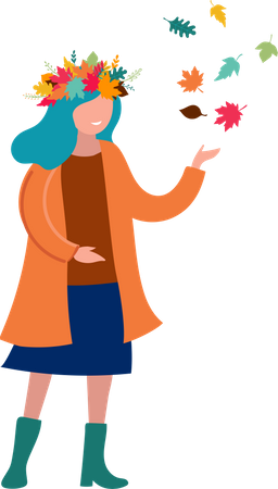 Girl Playing with colorful Leaves  Illustration