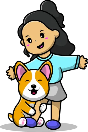 Girl Playing With Corgi Dog  Illustration