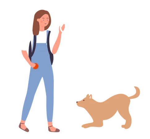 Girl playing with dog  イラスト