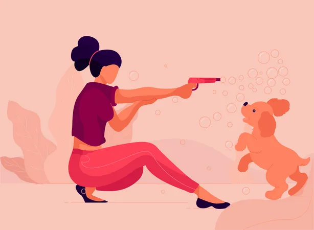 Girl playing with dog Illustration